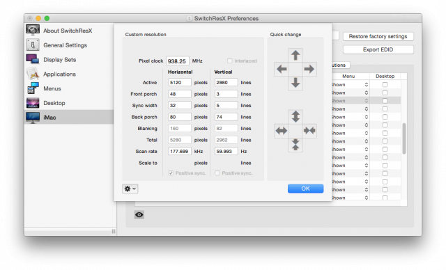 The output from <a href="http://www.madrau.com/">SwitchResX</a> on the Retina iMac, showing the 60Hz refresh rate.