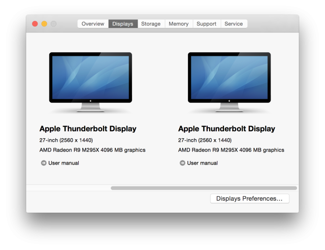 The Retina iMac's "About This Mac" function, showing the pair of external monitors attached via Thunderbolt. 