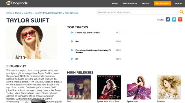 Swift's home on Rhapsody, which, notable, does not include the latest album, <em>1989</em>.
