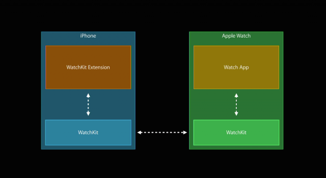 The Apple Watch and its connected iPhone will be communicating continuously. The watch displays your app's UI and sends information back to your phone, which actually executes your app's code.