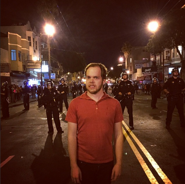 Benthall on Mission Street in San Francisco, after the Giants won the world series. "progressive #sf's riot squads are just expensive photo opportunities," he wrote.