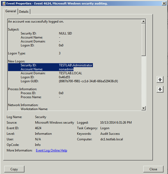 The "Security ID" and AAccount Name" fields in this event log don't match even though they should. The bug allowed the user account "nonadmin" to elevate privileges to "TESTLAB\Administrator."