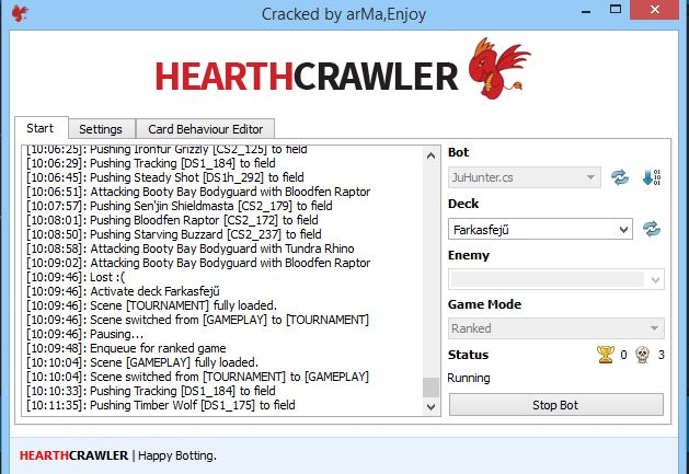 A status screen from the now defunct Hearthcrawler software.