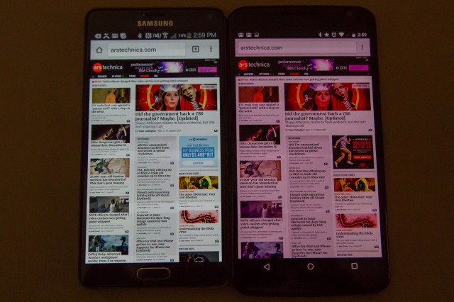 At its lowest brightness, the Nexus 6 screen (right) turns pink.