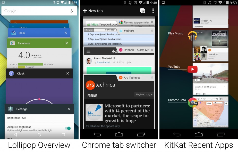 The new Recent Apps screen, which has clearly been inspired by Chrome's tab switcher.