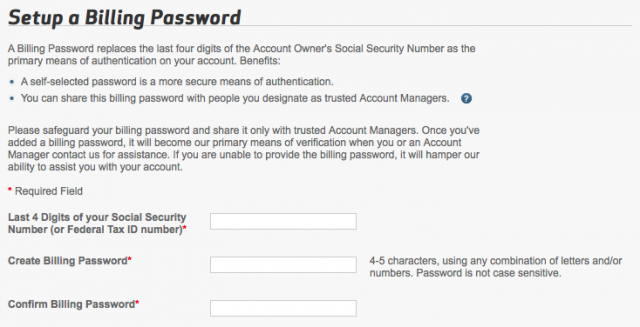 Setting up a billing password in Verizon account settings.