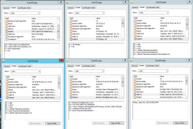 A collection of the certificates included in a recent dump of Sony Pictures data sent to Ars.