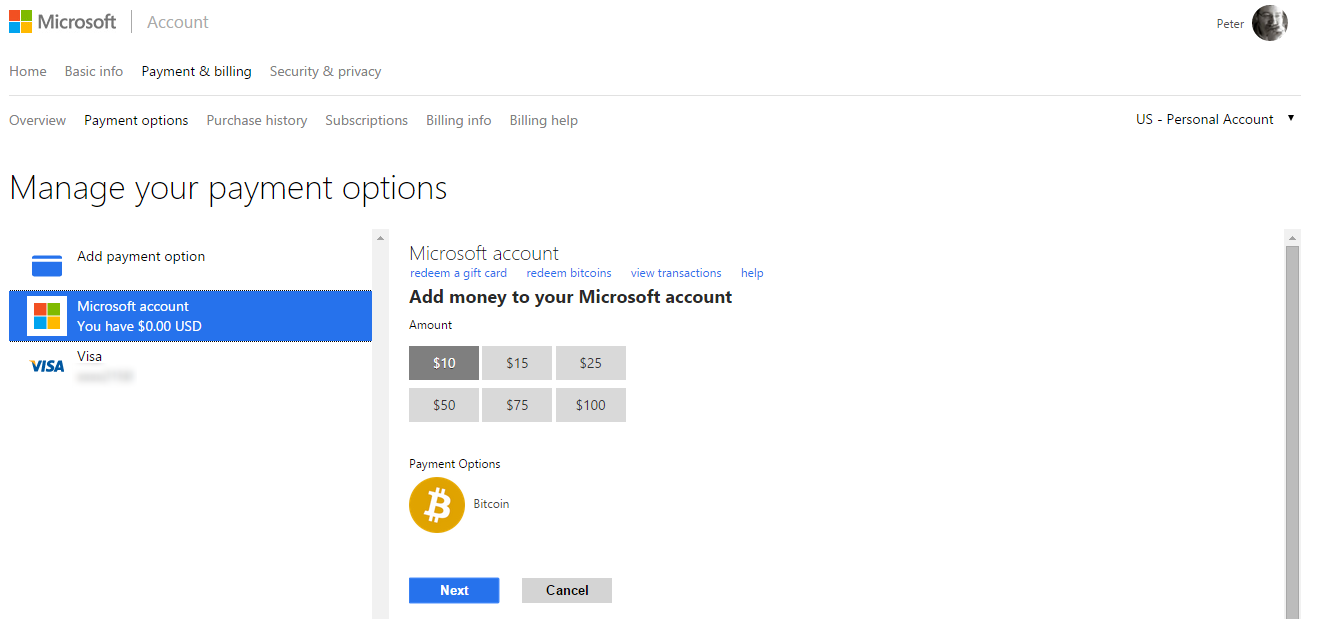 add money to your microsoft account with bitcoin