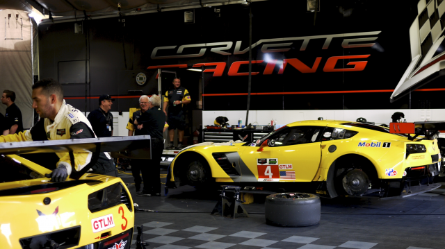 The team prepares the #4 Corvette Racing C7.R race car for a Tudor United SportsCar race at the Circuit of the Americas in Texas.