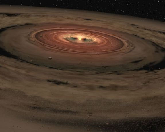 Artist's depiction of a protoplanetary disk—gas and dust orbiting its star. Our Solar System formed in this way. 