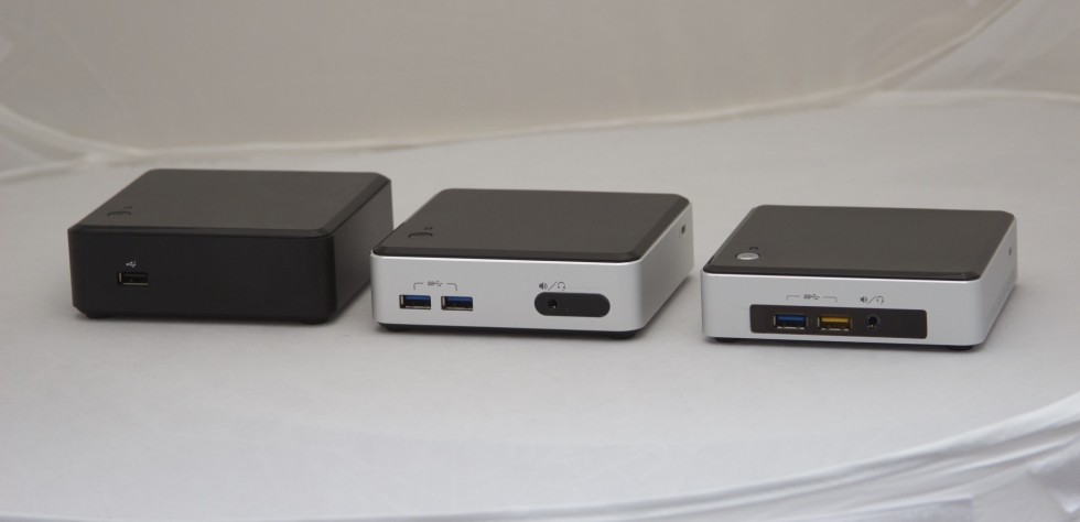 From left to right: the first Ivy Bridge NUC, the Haswell NUC, and the new Broadwell NUC.