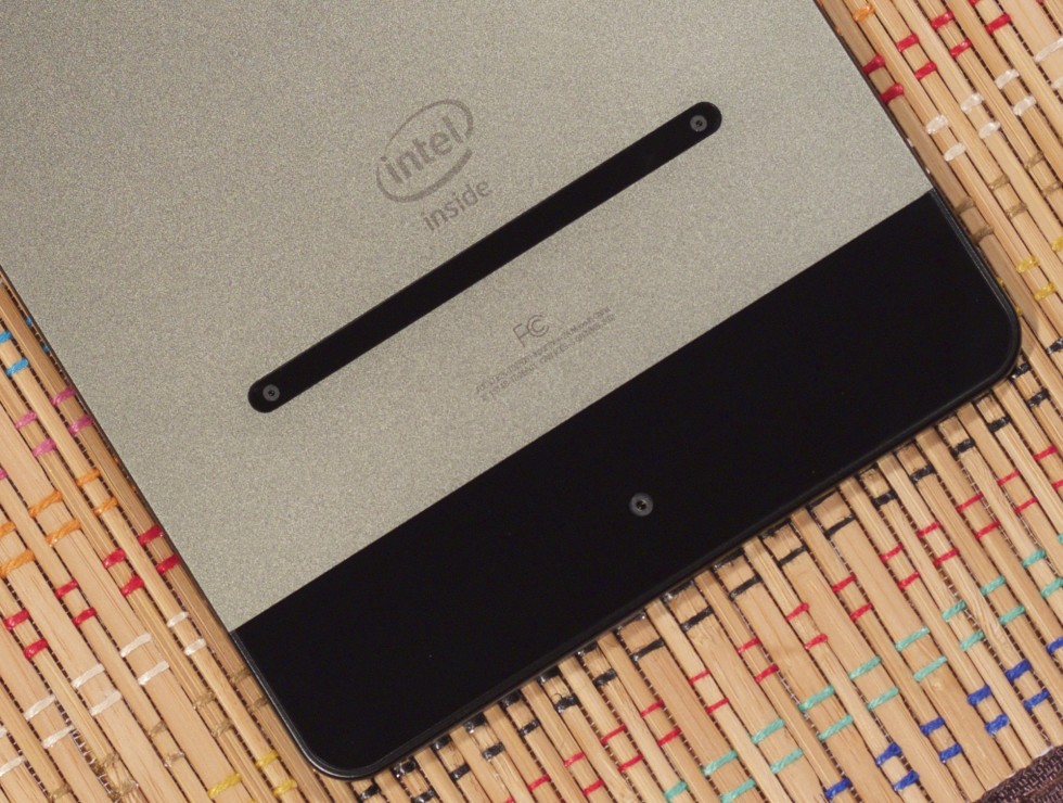 The main camera is centered on the bottom. The RealSense cameras are in the little black strip below the Intel logo.