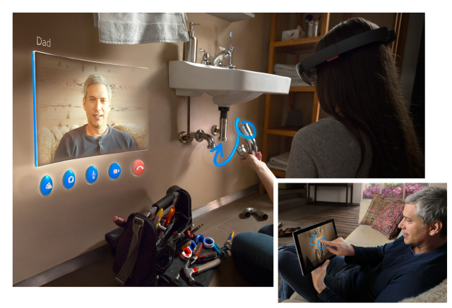 We weren't allowed to take any pictures of the HoloLens experience, and helpfully, Microsoft's image demonstrating the Skype experience shows someone changing a plumbing fixture rather than wiring up a light switch. The effect is much the same, mind you.