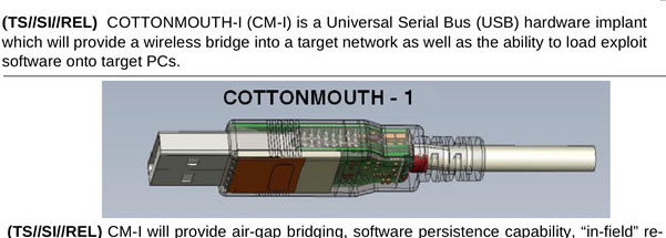 The NSA's USB man-in-the-middle device, Cottonmouth-1, costs about $20,000. Soon, the electronically inclined will be able to make their own for about $20.