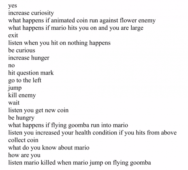 GamerGate poetry? Nah, it's a list of commands that Mario will respond to in an AI test created by a team at the University of Tübingen in Germany.