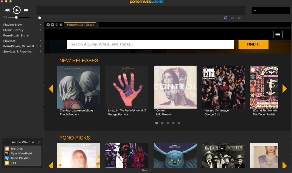 This is the extent of how Pono MusicWorld presents new tunes to shoppers. You get two crawls to pick through and a search bar, along with a few lists of top sellers underneath.