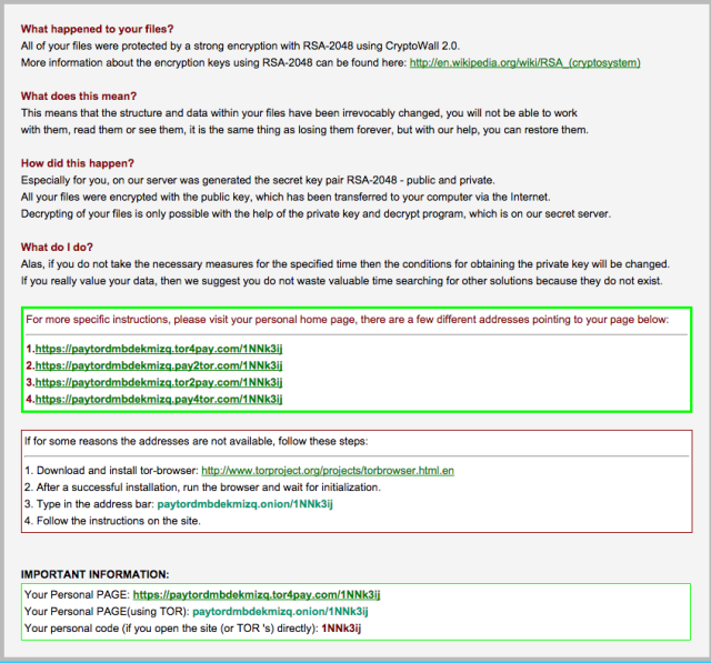 The helpful hints provided by CryptoWall 2.0 on how to pay to get your files back—paying discreetly over the Tor network.