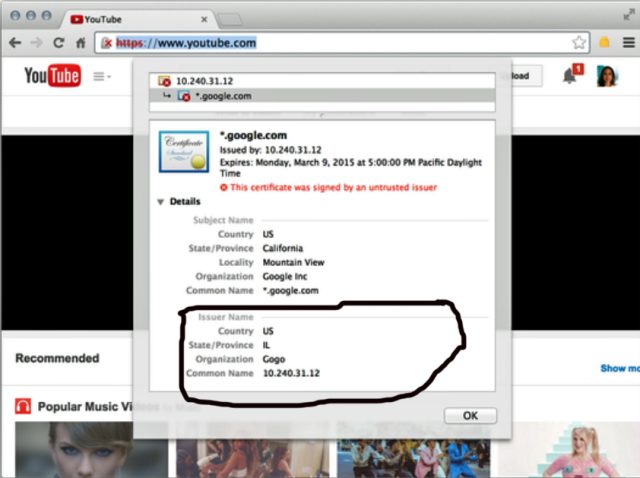 Gogo issues fake HTTPS certificate to users visiting YouTube
