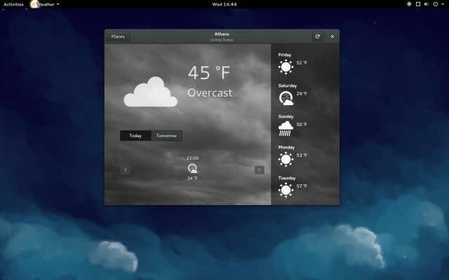 GNOME's revamped weather app with geolocation API.