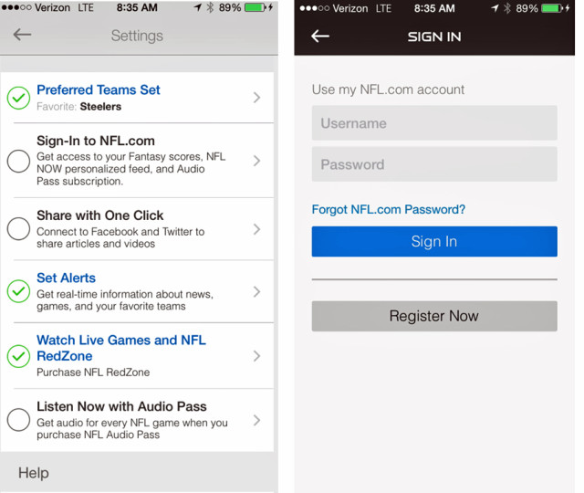 NFL Mobile app login screens that result in the vulnerability.