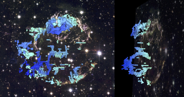 Two different perspectives of the 3-d reconstruction of Cassiopeia A, overlaid on a Hubble composite image of Cas A. The blue-to-red colors on the 3-d map indicate the relative speeds of the gas along our line of sight. 