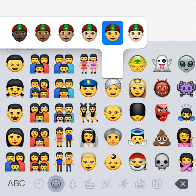 The iOS 8.3 and OS X 10.10.3 emoji pickers now support multiple skin tones.