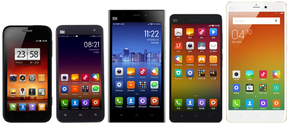 Xiaomi throughout the years—the Mi 1, Mi 2, Mi 3, Mi 4, and the Mi Note.
