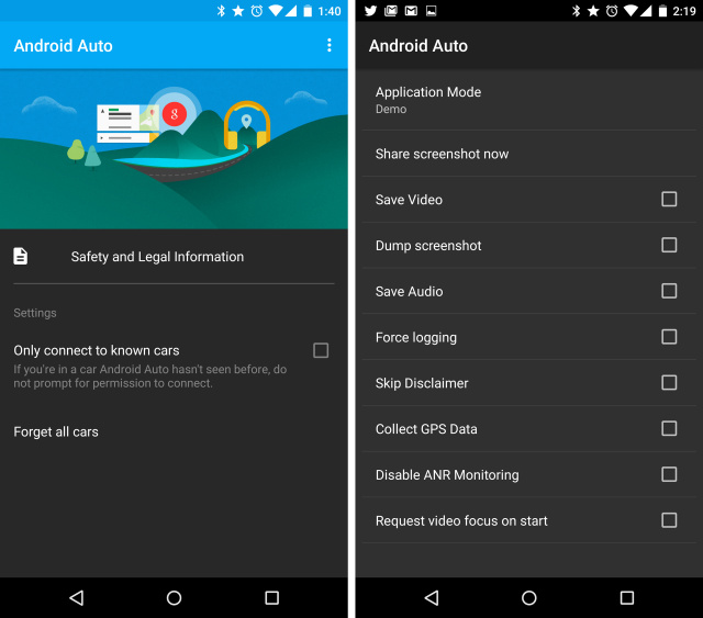Left: Android Auto app.  Right: the developer menu.