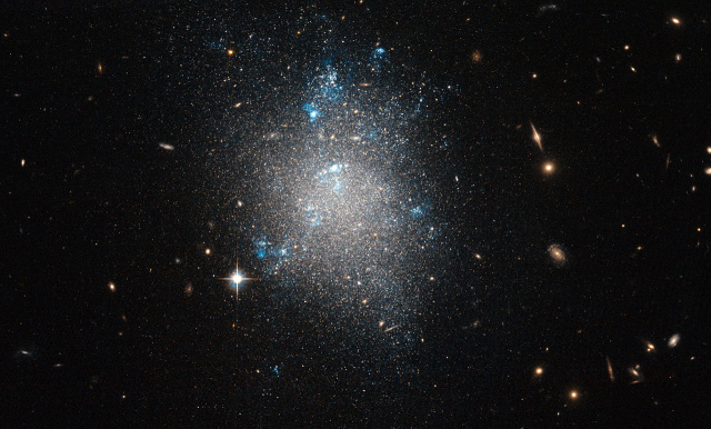A close-up view of a dwarf galaxy.  The diffuse collections of stars generally do not contain many gamma-ray sources.