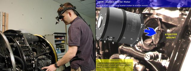 A mechanic wearing a tracked head-worn display performs a maintenance task on a Rolls Royce DART 510 Engine using the ARMAR system developed by researchers at Columbia University.