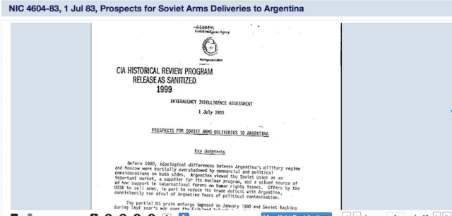 A declassified CIA document entitled "Prospects for Soviet Arms Deliveries to Argentina," one of thousands of declassified documents the National Archives is hoping you'll convert to text for them.