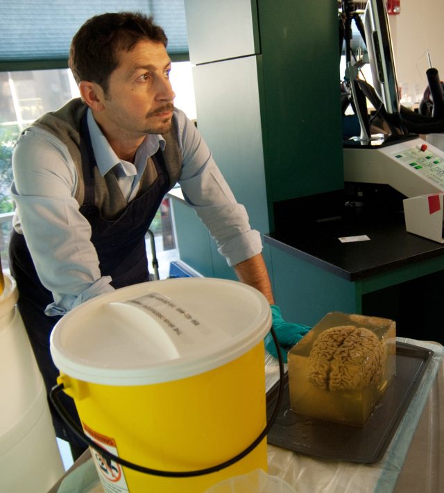 Dr Annese with one of his favorite subjects, encased in a block and ready to be sectioned.