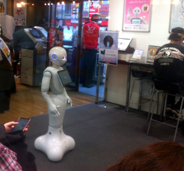 Pepper, a humanoid robot developed by SoftBank Mobile and Aldebaran Robotics.