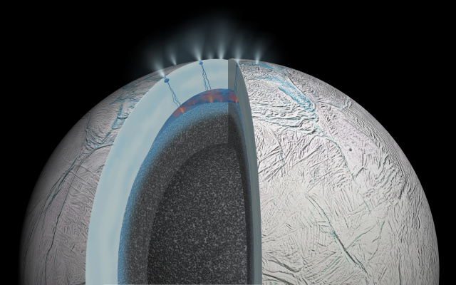 Artist's conception of hydrothermal activity in Enceladus' sub-surface ocean.