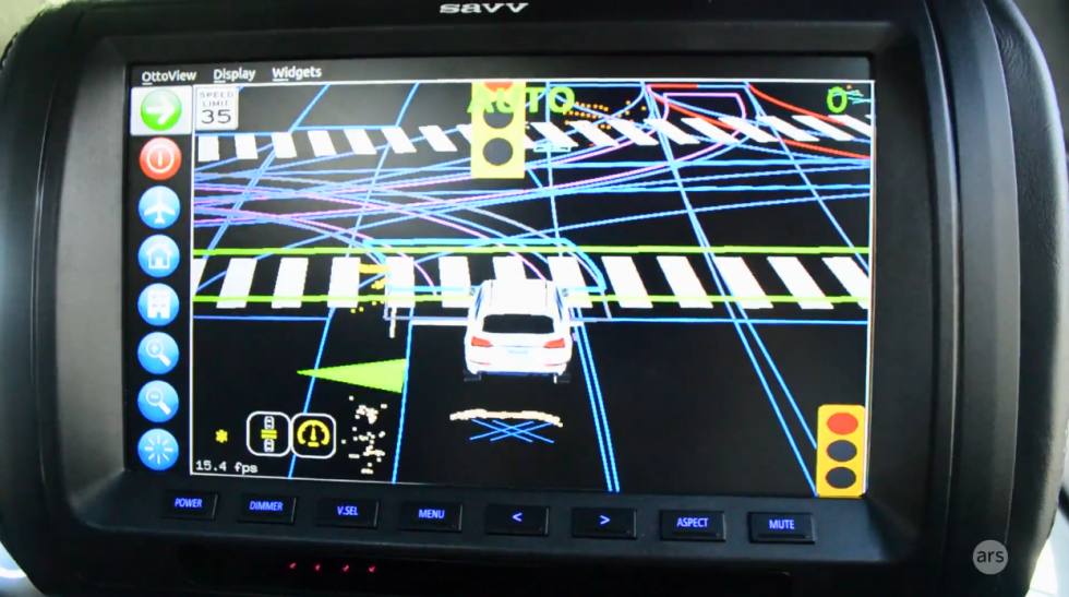 This is Delphi's driving interface depicting the view of its self-driving car. Blue lines are map information, dots are points spotted by LiDAR, Xes are points spotted by radar. Crosswalks turn green when no pedestrians are in them.