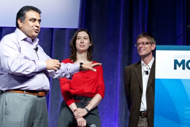 From left, Gigaom founder Om Malik, and writers Stacey Higginbotham and Kevin Tofel.
