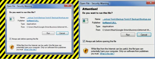 Left: A warning with border variation. Right: A warning with signal word variation.