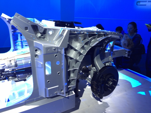 A look at the CT6's chassis. The section around the front wheel is an aluminum casting, and the long rails that run down the side are aluminum extrusions.