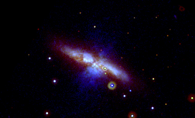 A supernova, circled in yellow. UV light is represented in blue, visible light in red.