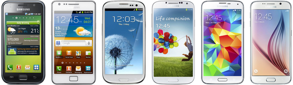 The Galaxy S 1 through 6 (not to scale). Samsung's phone design hasn't changed much over the years.