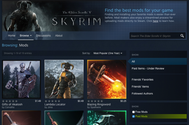 Steam Workshop lets users sell mods, but only shares 25 percent of revenue