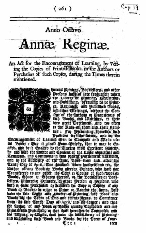The 1710 Statute of Anne set copyright's term at 14 years.