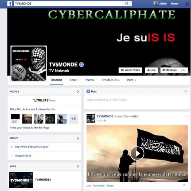 A screencap of CyberCaliphate's defacement of TV5Monde's Facebook page on Wednesday night.