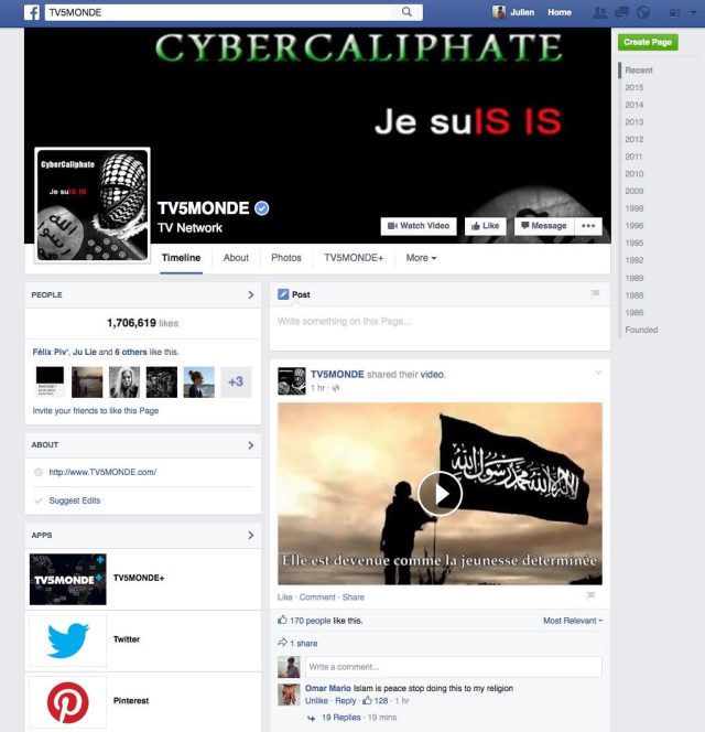 A screencap of CyberCaliphate's defacement of TV5Monde's Facebook page on Wednesday night.