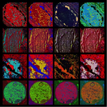 A series of chondrite cross-sections mapped under an electron microprobe with red, green, and blue color mapping. 
