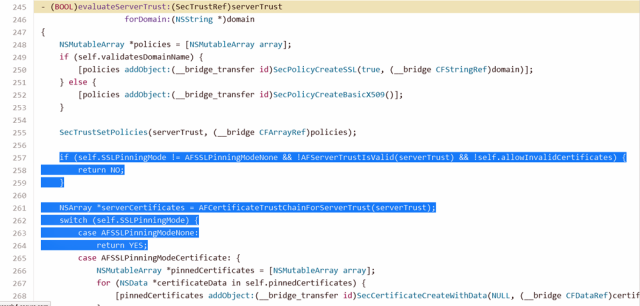 The highlighted portion of code contains a bug that causes AFNetworking 2.5.1 to skip verification checks for HTTPS certificates.