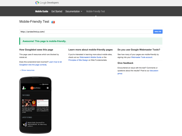 ArsTechnica gets Google's mobile-friendly seal of approval.