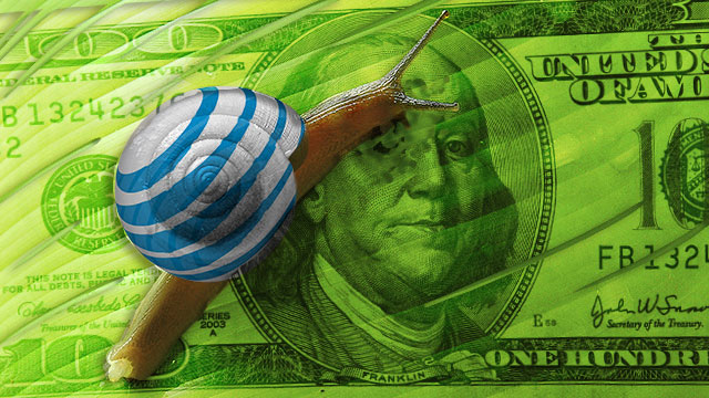 Illustration of a snail on a $100 bill; the snail has an AT&T logo.