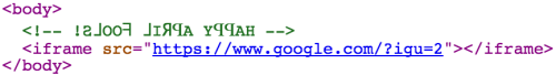 HTML code allowed com.google to use an iframe to display a backwards search page from google.com.