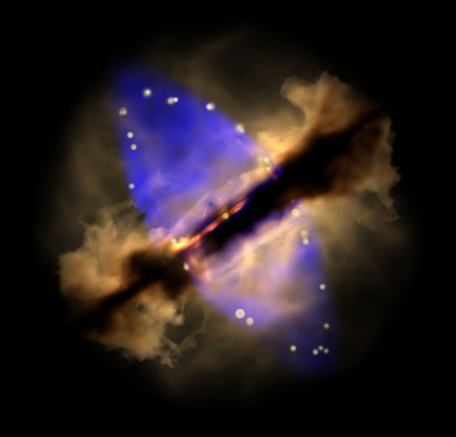 An artist's conception of the accretion disk surrounding the protostar, along with the masers (blue) that are powered by its newly organized jets.